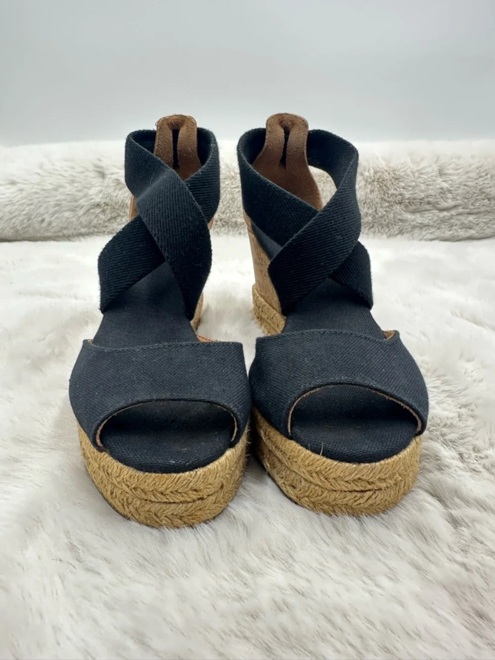 Tory Burch Frieda Espadrille Wedge‎ Sandals Black Strappy Ankle Tie Size 6